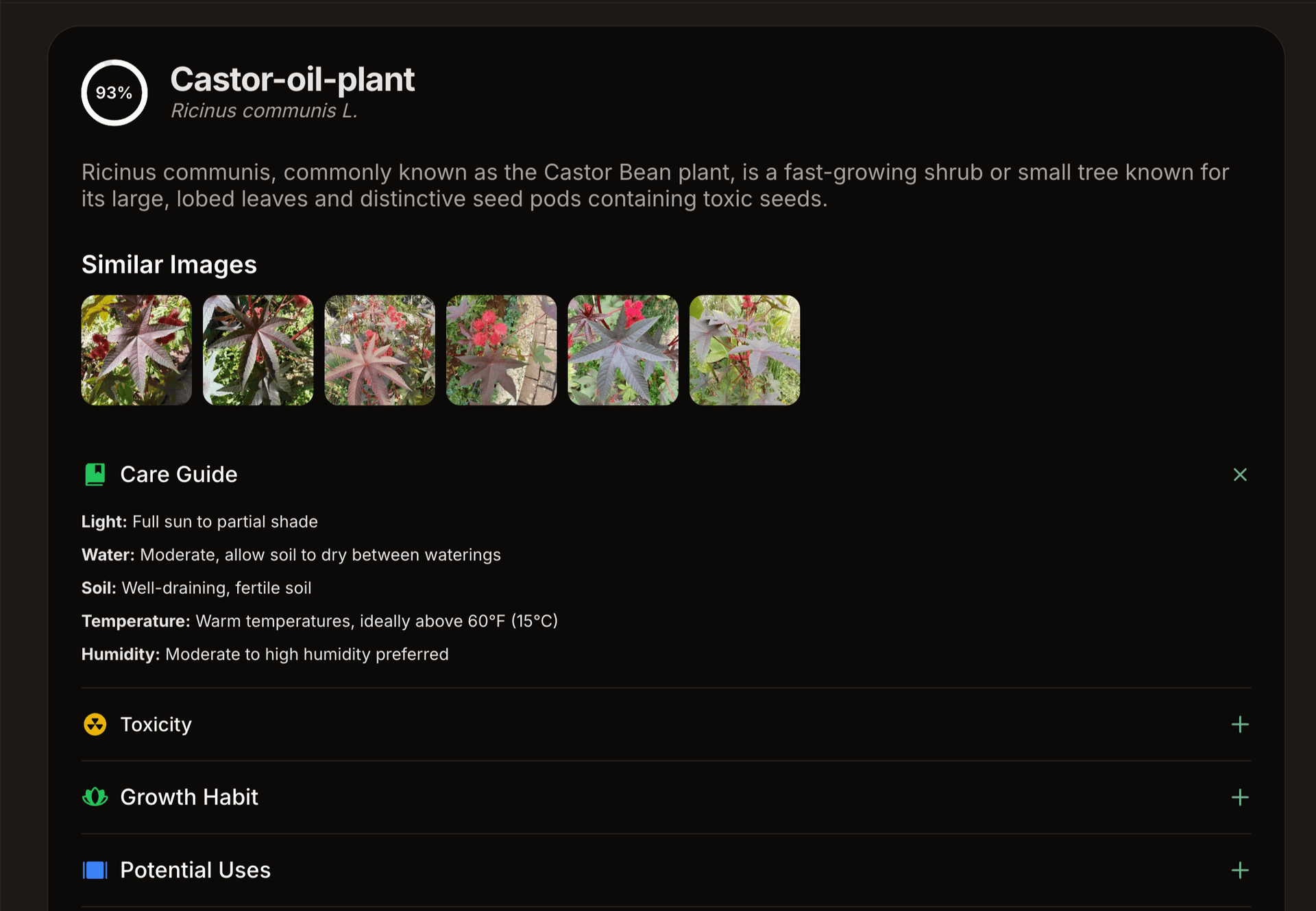 A results page showing plant identification details