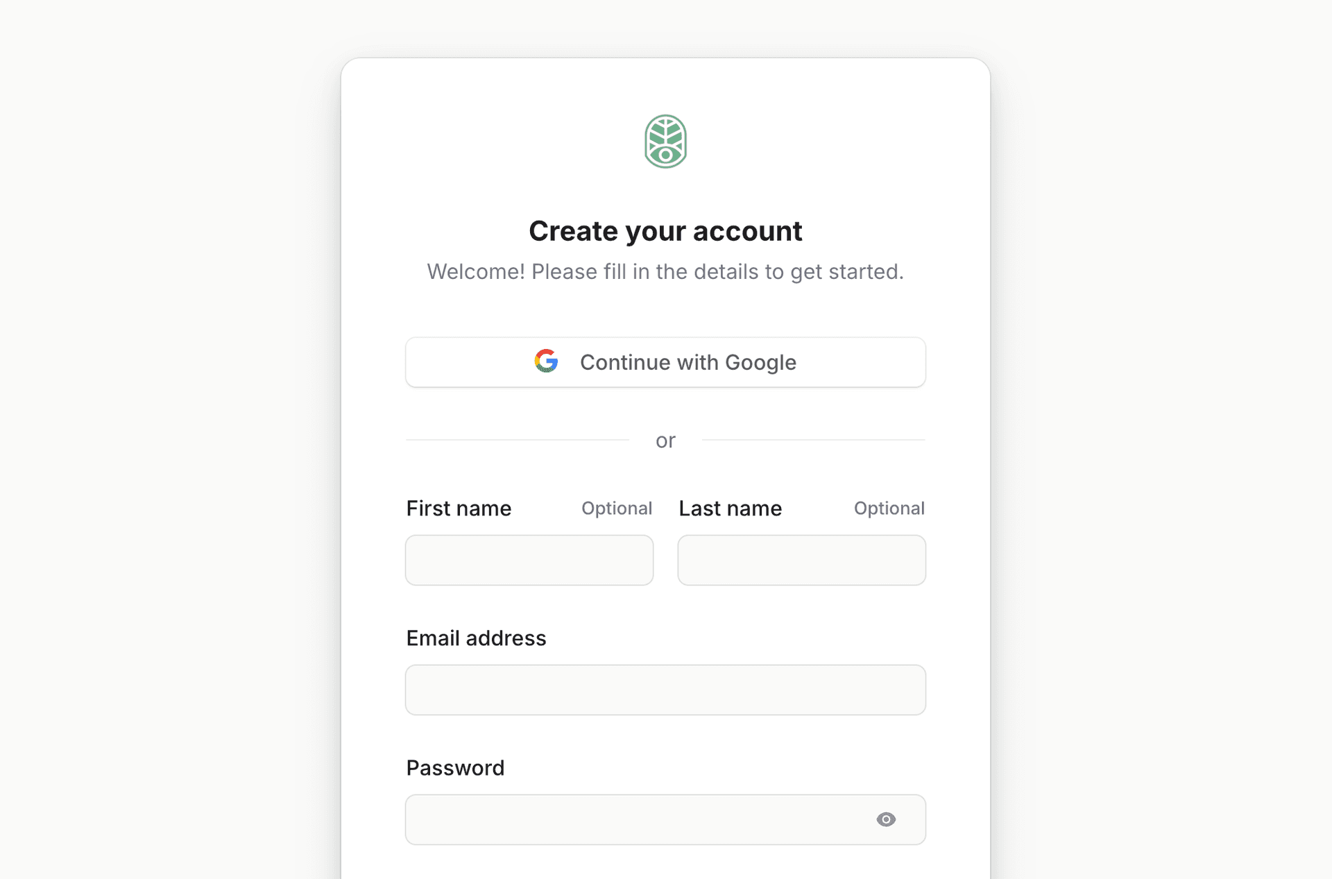 The sign-up page with simple form fields